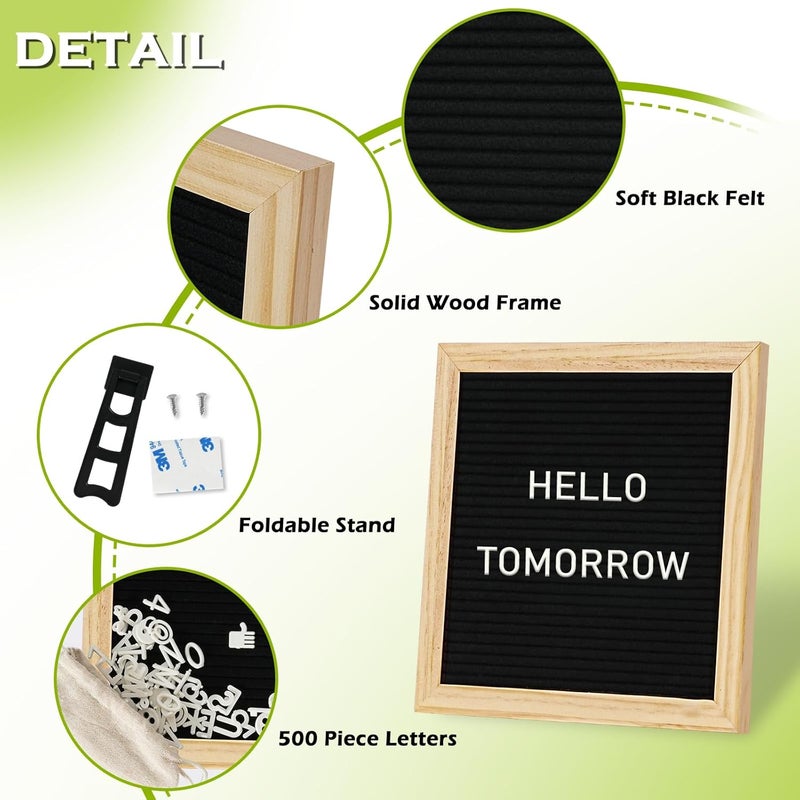 4 Thought Letter Board Sign with 500 Letters 10" x 10" Felt Letter Board with Stand for Back to School Oak Wooden Frame Message Board Black Announcement Board Valentine's Day Gift - Image 2